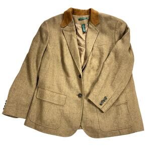 Ralph Lauren Linen Silk Y2K Vintage Blazer 16W Plus Tan Equestrian Academic